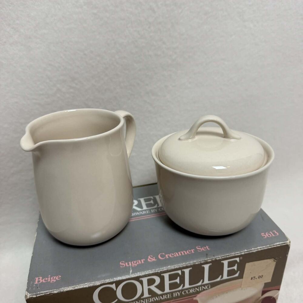 Vintage Corelle by Corning Sandstone Beige Sugar Bowl w/Lid Creamer Pitcher Set - Picture 2 of 12